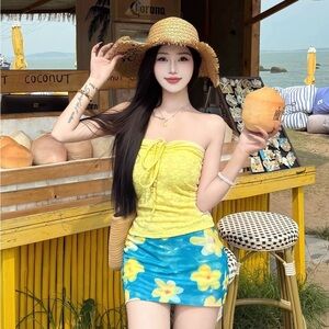 Strapless Yellow Lace Tie-Front Top with Blue Floral Mini Skirt